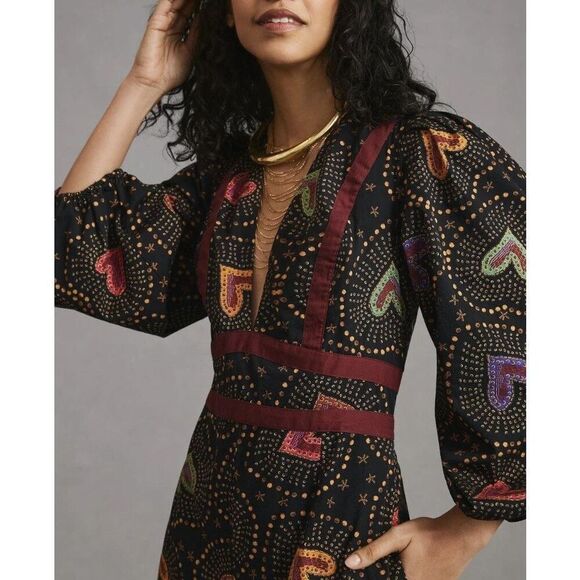 NEW Anthropologie x Farm Rio Deep-V Hearts Print Wide-Leg Jumpsuit, Size Medium - Picture 2 of 8